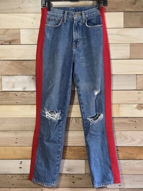 Carmar LA Jeans Red Side Stripe Distressed Y2K Straight Leg Denim 26 Streetwear
